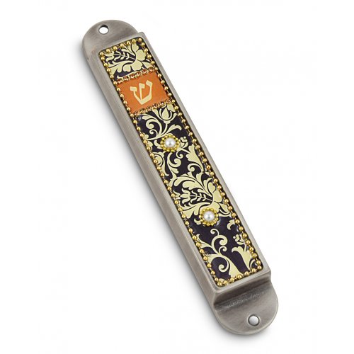 Iris Design Handcrafted Pewter & Enamel Beaded Mezuzah Case - Florals on Black