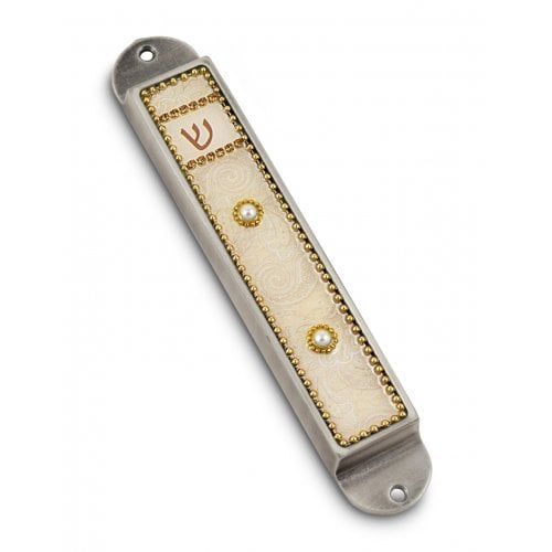 Iris Design Handcrafted Pewter & Enamel Beaded Mezuzah Case - Pearls on Cream