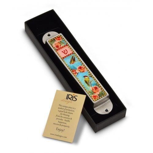 Iris Design Handcrafted Pewter Enamel Beaded Mezuzah Case - Roses and Birds