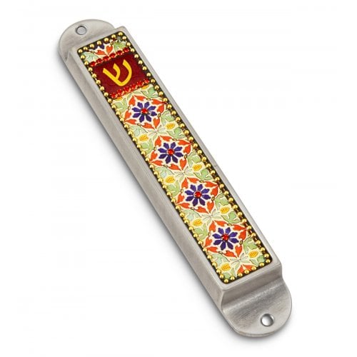 Iris Design Handmade Pewter Enamel Beaded Mezuzah Case - Flowers