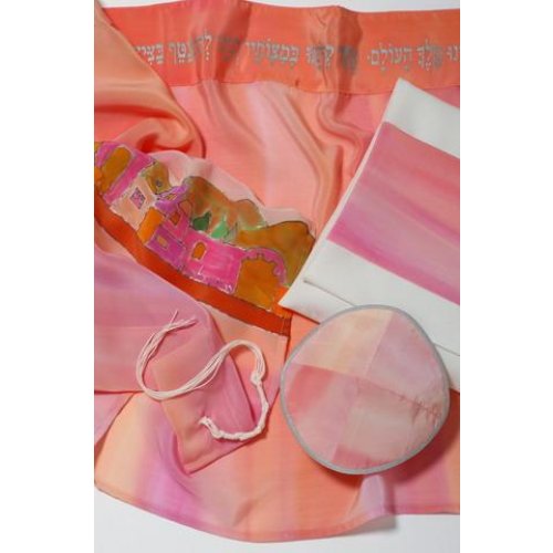 Jerusalem on Peach Silk Tallit by Galilee Silks - 1 in stock