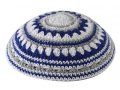 Knitted Kippah with Blue, White and Gray Stripes