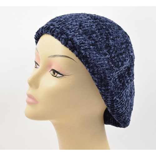 Knitted Women's Snood Beret with Inner Elastic Drawstring - Blue