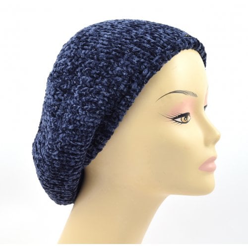 Knitted Women's Snood Beret with Inner Elastic Drawstring - Blue with Silver