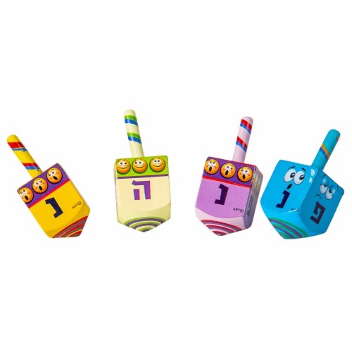 Large Emoji Design Colorful Wood Dreidel - Nes Gadol Haya Poh