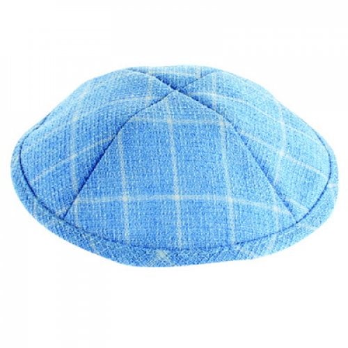 Light Blue and White Cotton Fabric Kippah  Checkered Design