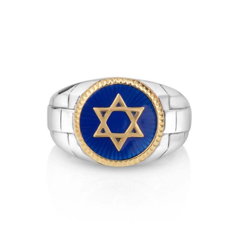 Man's Sterling Silver and Gold Plated Ring with Star of David on Blue Enamel