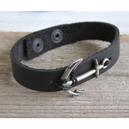 Men's Black Leather Bracelet with Anchor Element