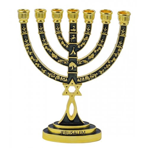 Messianic Seal Gold Tone Seven Branch Menorah Grafted Star of David - Green