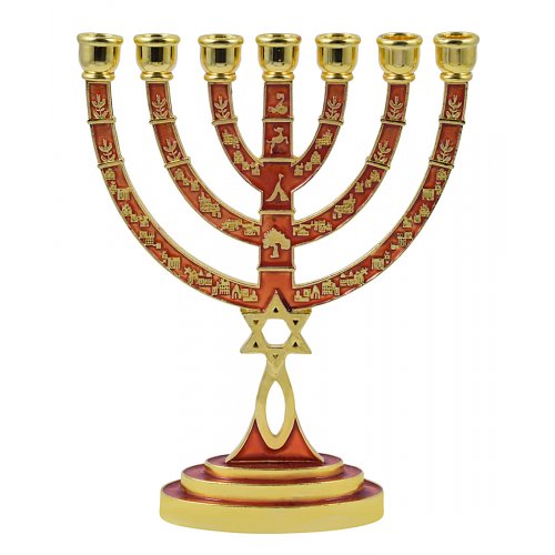 Messianic Seal Gold Tone Seven Branch Menorah Grafted Star of David - Red