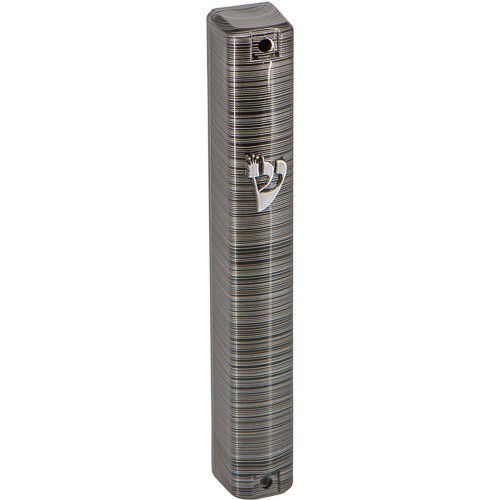 Metallic Look Gray Narrow Striped Mezuzah Case with Silver Shin