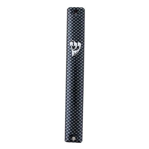 Metallic Look Mezuzah Case with Gray-Black Checkered Motif  Silver Shin