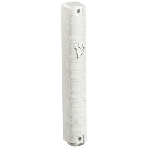 Metallic Look Mezuzah Case with Narrow White-Silver Stripes - Silver Shin