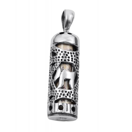 Mezuzah Necklace Pendant in Sterling Silver with Cut Out Chai