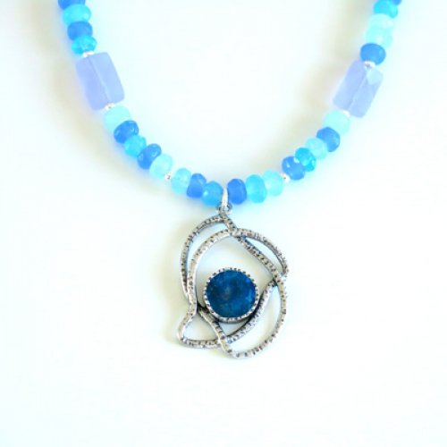 Michal Kirat Blue Crystal Necklace with Roman Glass in Silver Bird Pendant