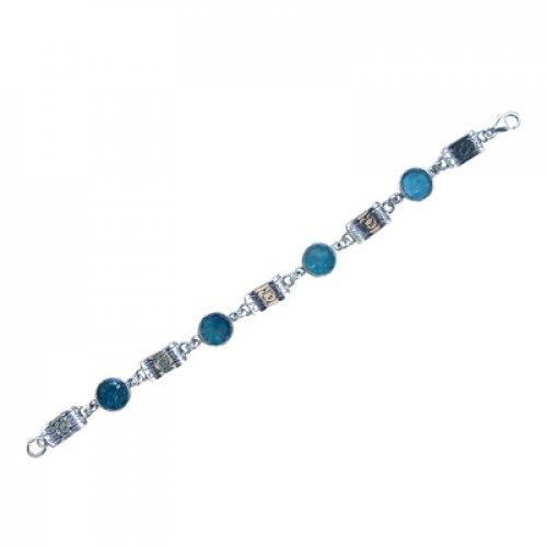 Michal Kirat Bracelet with Circular Roman Glass Pieces and Engraved Silver Links