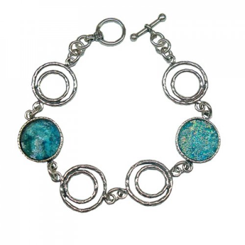 Michal Kirat Bracelet with Circular Roman Glass Pieces and Sterling Silver Links