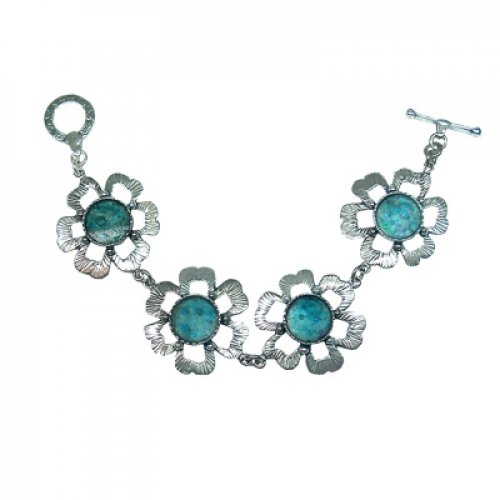 Michal Kirat Bracelet with Roman Glass Flower Set in Sterling Silver Flowers