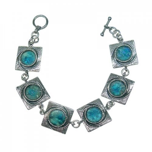 Michal Kirat Bracelet with Roman Glass Set in Textured Square Wave Design