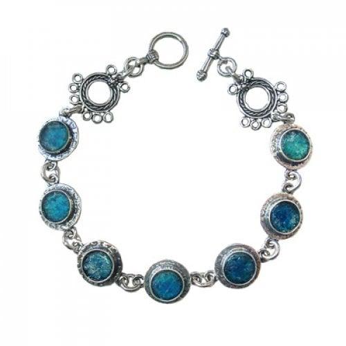 Michal Kirat Bracelet with Round Roman Glass Pieces and Ornate Sterling Silver