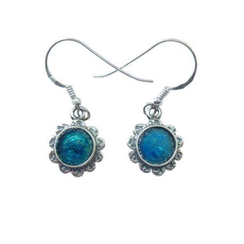 Michal Kirat Circular Roman Glass Drop Earrings Set in Delicate Silver Scalloped Frame