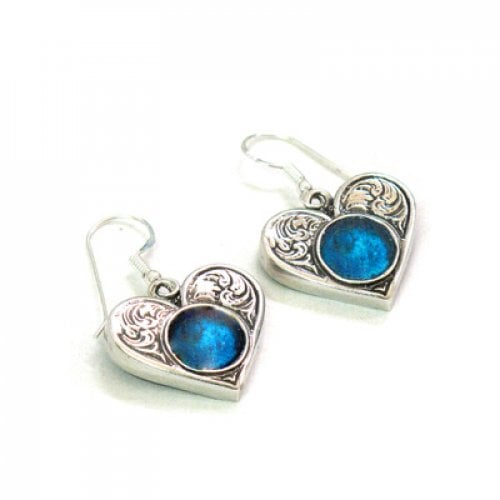 Michal Kirat Earrings with Circular Roman Glass Stone Set in Engraved Silver Heart