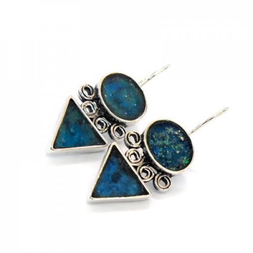 Michal Kirat Handmade Drop Earrings, Double Roman Glass - Circle and Triangle