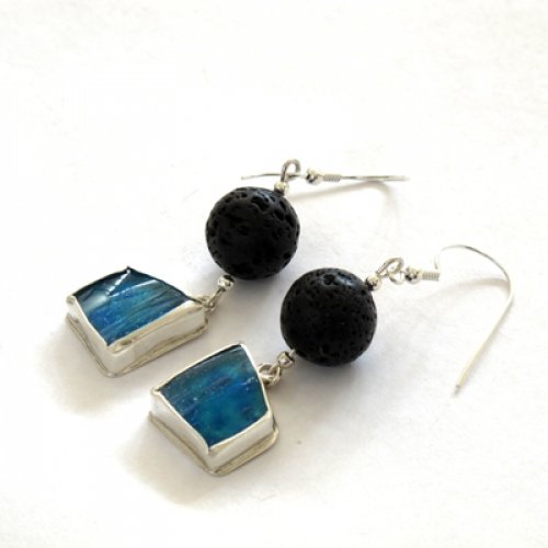 Michal Kirat Handmade Earrings, Sterling Silver Roman Glass and Black Lava Bead