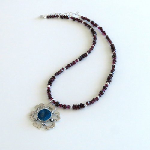 Michal Kirat Red Garnet Necklace with Pendant of Roman Glass in Silver Flower