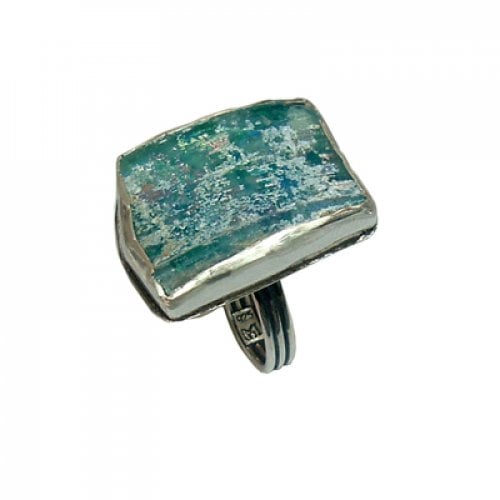 Michal Kirat Ring, Sterling Silver Square Ring with Roman Glass - Adjustable Band