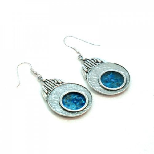 Michal Kirat Roman Glass Drop Earrings with Silver Golan Willows Design