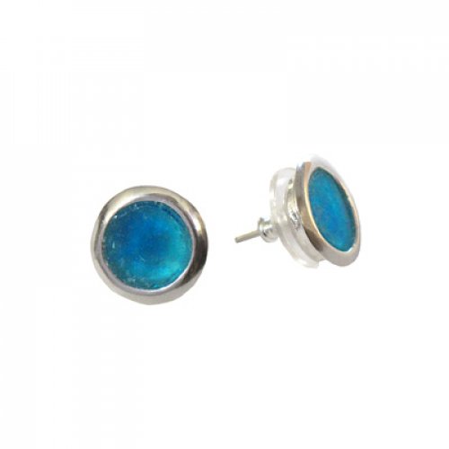 Michal Kirat Roman Glass Stud Earrings - in Sterling Silver Frame