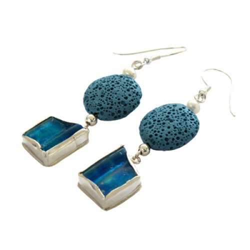 Michal Kirat Roman Glass and Silver Dangle Earrings with Light Blue Lava Beads