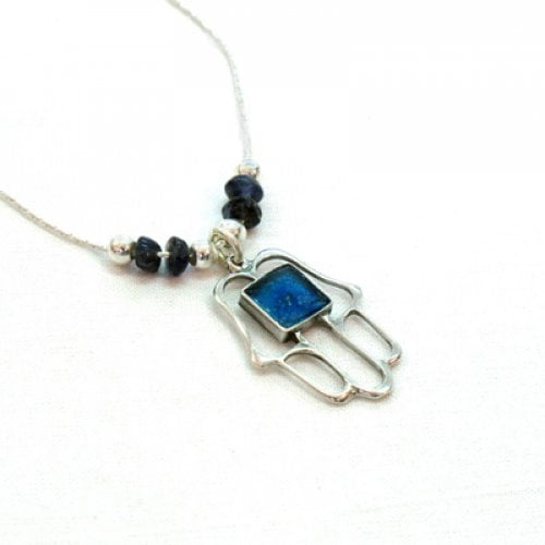 Michal Kirat Silver Hamsa with Roman Glass Decoration and Ayolite Beads