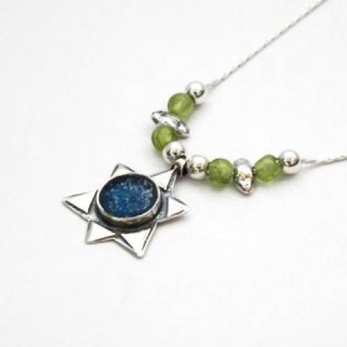 Michal Kirat Star of David Roman Glass Silver Necklace - Peridot Beads