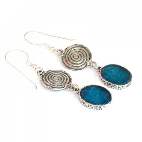 Michal Kirat Sterling Silver Dangle Roman Glass Earrings, Decorative Swirl Disc