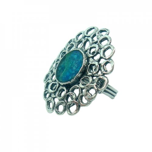 Michal Kirat Sterling Silver Ring, Roman Glass with Open Cut Apple Blossom Design