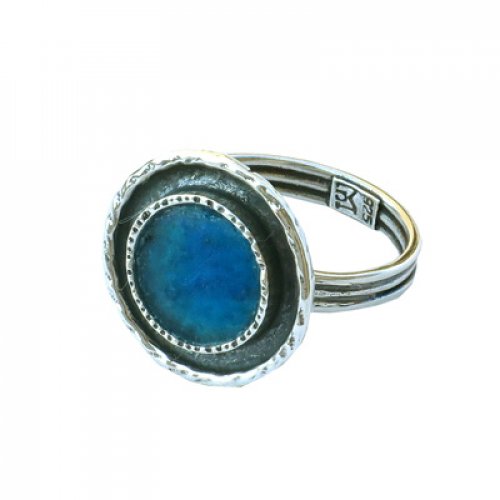 Michal Kirat Sterling Silver Ring, Textured with Round Roman Glass - Adjustable