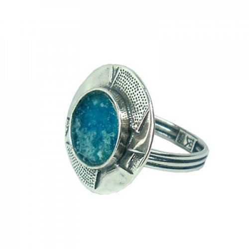 Michal Kirat Sterling Silver Ring with Roman Glass Center and Engraved Frame