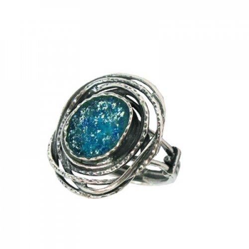 Michal Kirat Sterling Silver Ring with Roman Glass Shard in Center of Nest Image