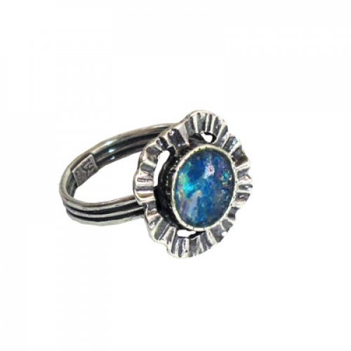 Michal Kirat Sterling Silver Ring with Round Roman Glass Center and Flower Design