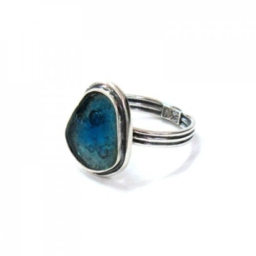 Michal Kirat Sterling Silver Ring with Shield Shape Roman Glass - Adjustable Band