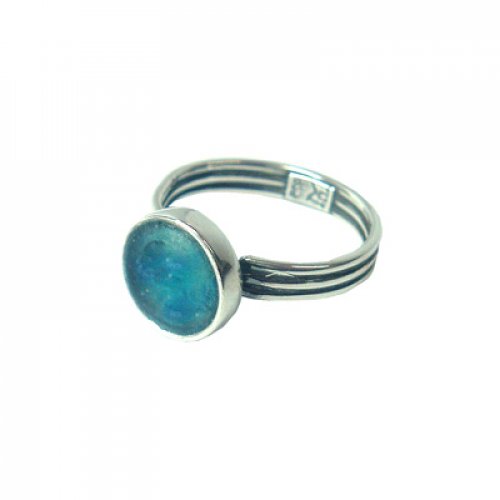 Michal Kirat Sterling Silver Ring with Small Round Roman Glass in Smooth Silver Frame