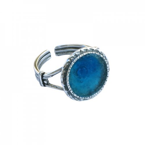 Michal Kirat Sterling Silver Textured Ring, Roman Glass Center - Adjustable Band