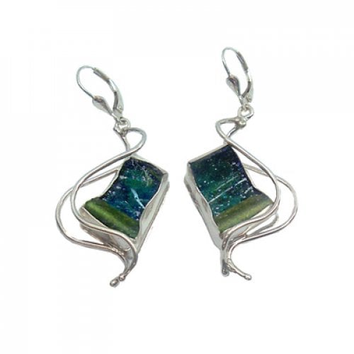 Michal Kirat, Sterling Silver and Roman Glass Handmade Dangle Earrings  Waves