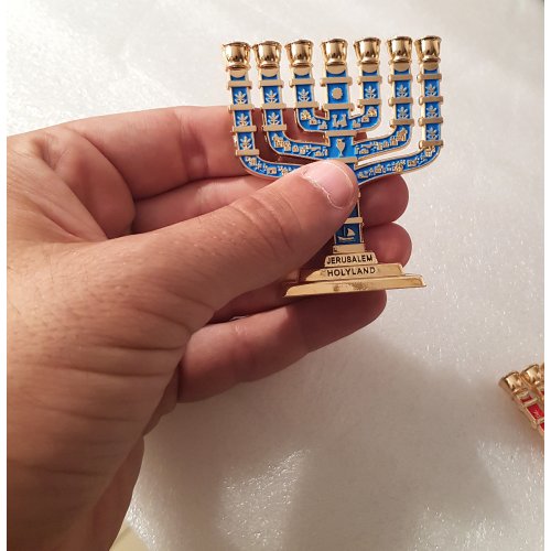 Miniature 7 Branch Menorah with Judaic Symbols, Blue on Gold - 2.7 Inches Height