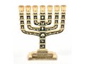 Miniature 7 Branch Menorah with Judaic Symbols, Dark Green and Gold - 2.7 Height