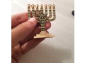 Miniature 7 Branch Menorah with Judaic Symbols, Dark Green and Gold - 2.7 Height