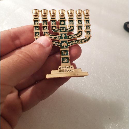 Miniature 7 Branch Menorah with Judaic Symbols, Dark Green and Gold - 2.7 Height