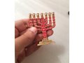 Miniature 7 Branch Menorah with Judaic Symbols, Red and Gold - 2.7 Height